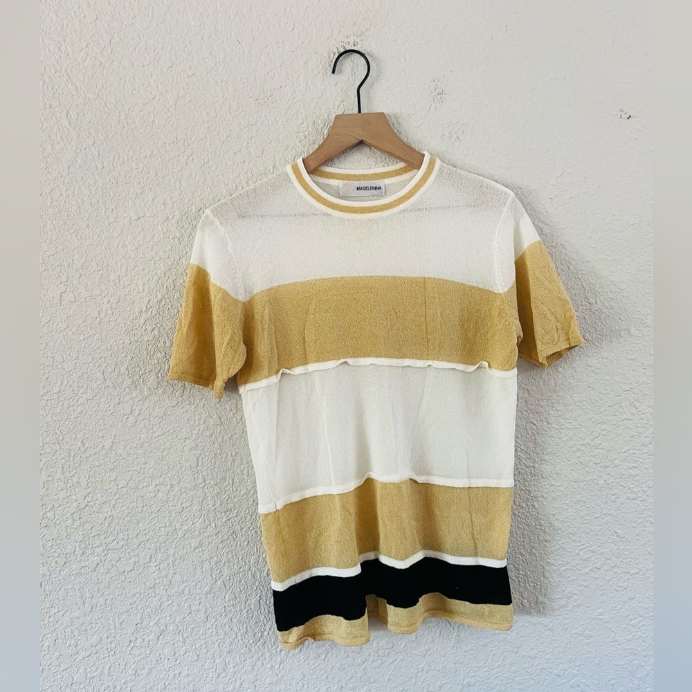 Vintage Neutral Khaki White Stripe Knit Top